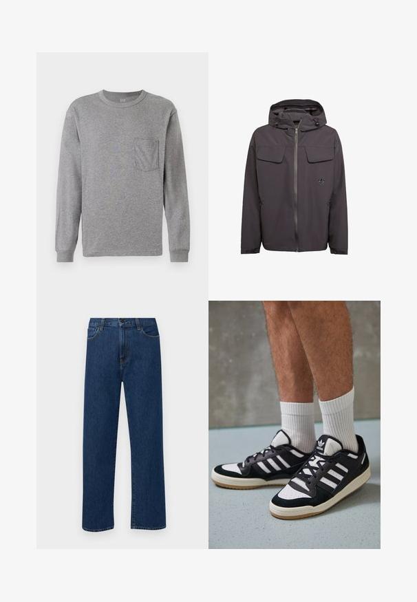 Harmaa huppari sileästä, vettä hylkivästä materiaalista. Siinä on kaksi rintataskua, sivuilla vetoketjutaskut ja embroidoitu logo.; Harmaa pitkähihaisen t-paita pyöreällä kauluksella, jossa on rintatasku ja ribbireunat. Valmistettu pehmeästä, kevyestä puuvillamateriaalista.; Tummansinisiä suoranlahkeisia farkkuja, joissa on etutaskut ja nappikiinnitys, esiteltynä yksinkertaisella valkoisella taustalla.; Valkoiset ja mustat tennarit, joissa on mokkanahka- ja nahkapäällinen, kolme valkoista raitaa, rei'itetty kärki ja kumipohja.