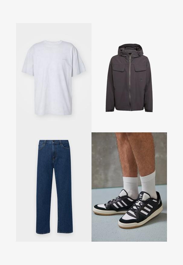 Grijze capuchonjack van een glad, waterafstotend materiaal. Heeft twee borstzakken, zijzakken met rits en een geborduurd logo.; Carhartt WIP DUSTER SCRIPT - T-shirt basic - basalt; Donkerblauwe rechte denim jeans met frontzakken en een knoopsluiting, weergegeven op een effen witte achtergrond.; Zwart-witte sneakers met een bovenwerk van suede en leer, voorzien van drie witte strepen, een geperforeerde neus en een rubberen gumzool.