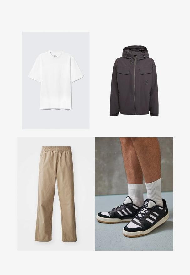 Siva dukserica s kapuljačom od glatkog, vodoodbojnog materijala. Ima dva džepa na prsima, bočne džepove s patentnim zatvaračem i izvezenu oznaku.; Pola bijela majica kratkih rukava s opuštenim krojem razložena na svijetlosivoj pozadini.; Svijetlosmeđi, lagani hlače s elastičnim pojasom i ravnim nogavicama. Ima bočne džepove i suptilnu šav. Glatka tekstura, ležeran dizajn.; Crne i bijele tenisice s gornjim dijelom od antilopa i kože, s tri bijele pruge, perforiranim prstom i gumiranim potplatom.