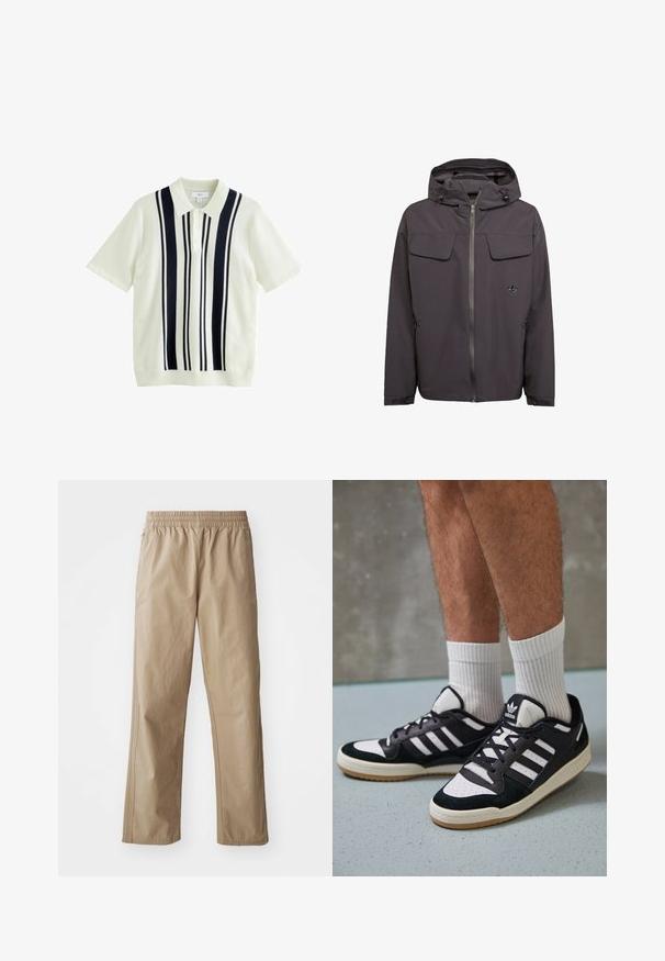 Grijze capuchonjack van een glad, waterafstotend materiaal. Heeft twee borstzakken, zijzakken met rits en een geborduurd logo.; Kortärmige poloshirt in crème met marineblauwe verticale strepen, voorzien van een kraag en een drieknopenlijst. Geweven textuur over het gehele shirt.; Beige, lichte, elastische broek met rechte pijpen. Voorzien van zijzakken en subtiele stiksels. Zachte textuur, casual ontwerp.; Zwart-witte sneakers met een bovenwerk van suede en leer, voorzien van drie witte strepen, een geperforeerde neus en een rubberen gumzool.
