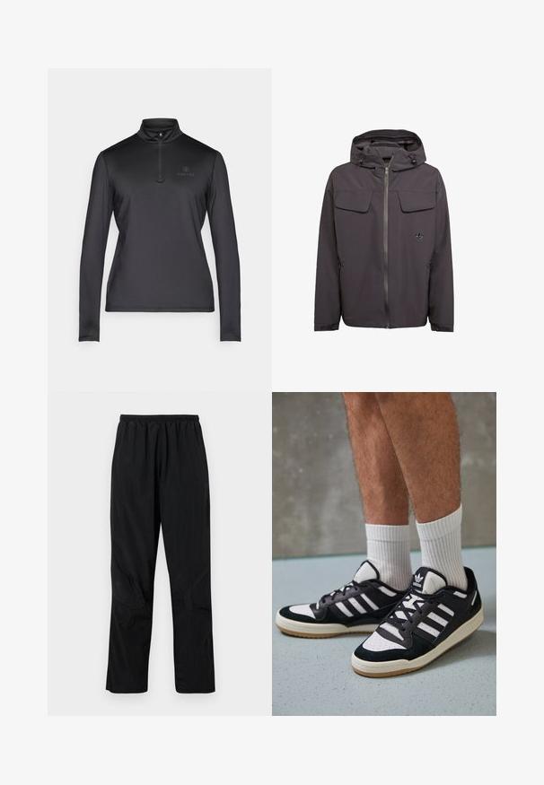 Chaqueta con capucha gris en un material liso y resistente al agua. Presenta dos bolsillos en el pecho, bolsillos laterales con cremallera y un logo bordado.; Sudadera negra de manga larga con cuello de media cremallera. Confeccionada con un tejido ligero y suave. Presenta un logo sutil en la parte superior izquierda del pecho.; Pantalones de nylon negros con una cinturilla elástica, que presentan un acabado ligero y texturizado y acentos en las costuras para un diseño moderno.; Zapatillas en blanco y negro con parte superior de ante y cuero, que presentan tres franjas blancas, una puntera perforada y una suela de goma.
