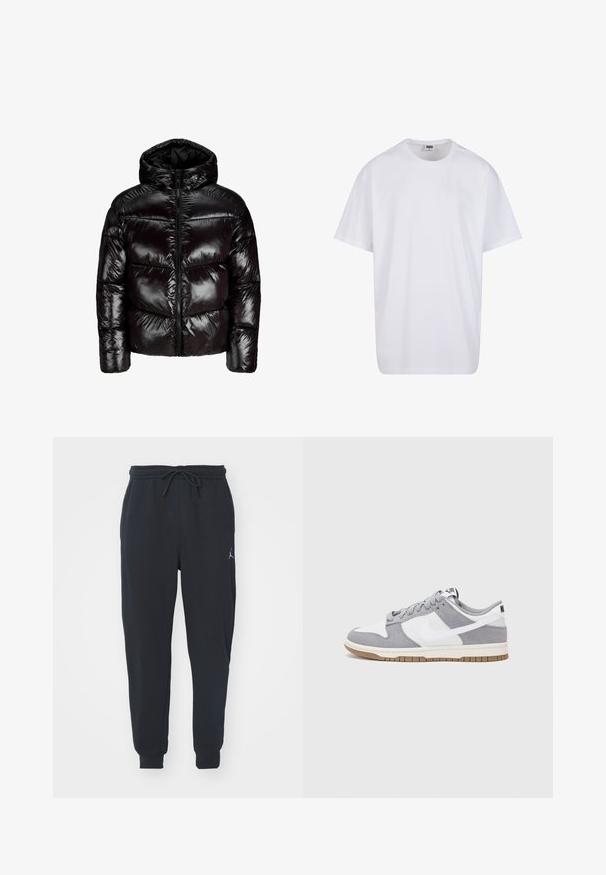 Lesklá černá péřová bunda s kapucí, předním zipem, horizontálním prošíváním a dlouhými rukávy na čistě bílém pozadí.; Bílé triko z bavlny s krátkým rukávem, kulatým výstřihem, volným střihem a bez viditelných log či vzorů. Hladká textura a minimalistický design.; Černé teplákové kalhoty vyrobené z měkké tkaniny, s elastickým pasem na šňůrku, žebrovanými manžetami a malým logem na levém stehně.; Šedé a bílé tenisky s svrškem z jemné kůže a kůže, kulatou špičkou, plochými tkaničkami a gumovou podrážkou s akcentem v barvě gumy.