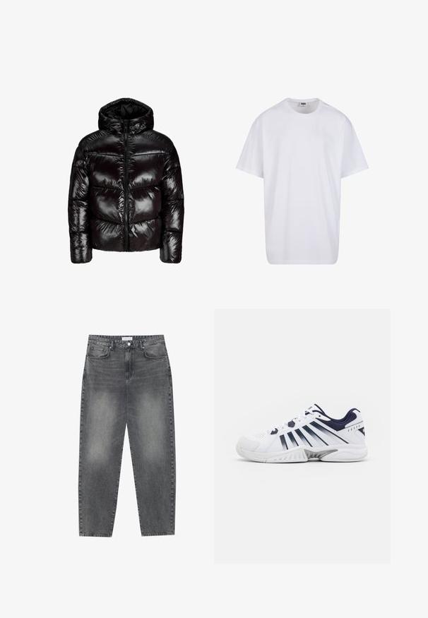 Skinnende sort hættejakke med foret, med frontlynlås, vandret quiltning og lange ærmer på en ensfarvet hvid baggrund.; Hvid bomulds t-shirt med korte ærmer, rund halsudskæring, afslappet pasform, og ingen synlige logoer eller mønstre. Glat tekstur og minimalistisk design.; Høj talje, løstsiddende jeans i falmet sort denim. Har fem lommer, bæltestropper og et rent, lige ben design.; Hvid sportsko med marineblå accenter, har et perforeret design, snørebåndslukning og en tekstureret sål med et udtalt dækmønster.