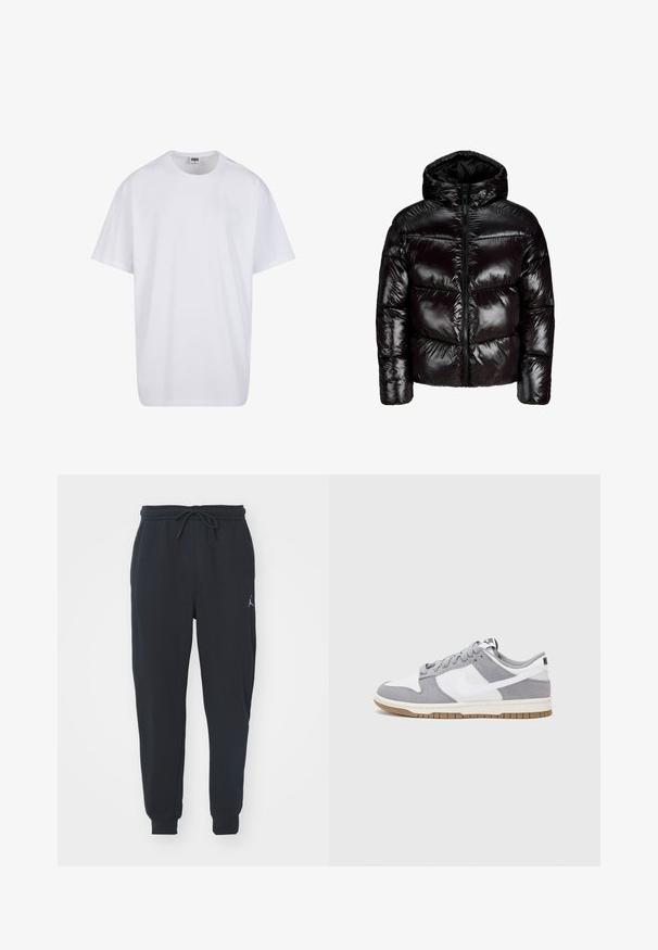 Glanzende zwarte gewatteerde pufferjack met capuchon, frontaal rits, horizontale stiksels en lange mouwen op een effen witte achtergrond.; Witte katoenen t-shirt met korte mouwen, ronde hals, relaxte pasvorm en zonder zichtbare logo's of patronen. Gladde textuur en minimalistisch ontwerp.; Zwarte joggingsbroeken van zachte stof, met een elastische tailleband met trekkoord, geribbelde boorden en een klein logo op de linker dij.; Nike sneakers hebben een bovenzijde van grijs suède en wit leer met perforaties, ronde veters en een gum zool voor grip.