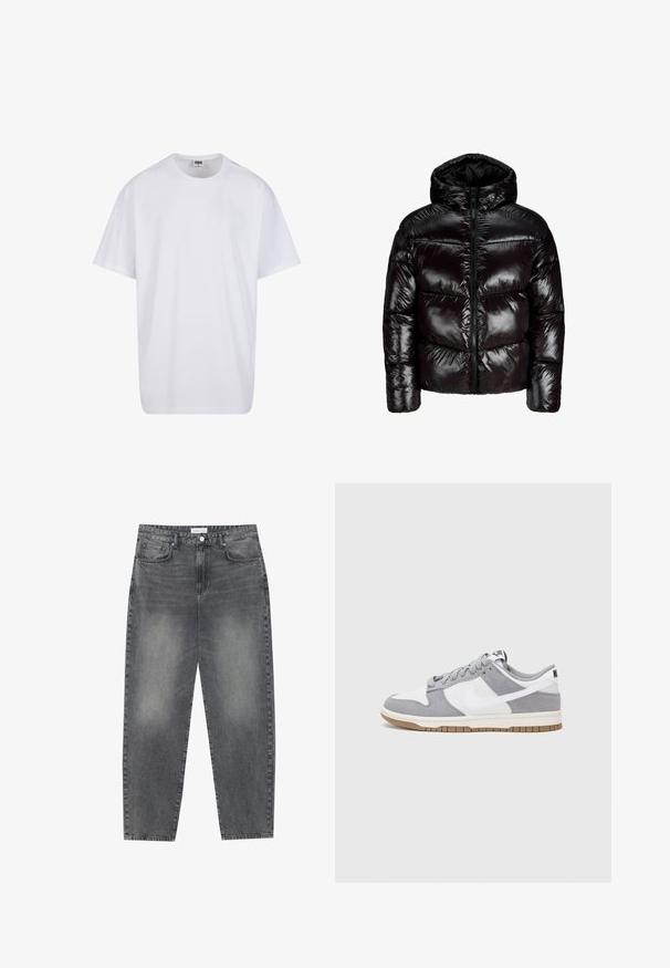 Skinnende svart hettejakke med forsideglidelås, horisontale quiltede sømmer og lange ermer mot en ensfarget hvit bakgrunn.; Hvit bomull t-skjorte med korte ermer, rund utringning, avslappet passform, og ingen synlige logoer eller mønstre. Glatt tekstur og minimalistisk design.; Høyt liv, løstsittende jeans i falmet svart denim. Har fem lommer, beltehemper og et rent, rett ben-design.; Grå og hvite sneakers med overdel i semsket skinn og lær, rund tå, flate lisser, og gummisåle med gummibelegg.
