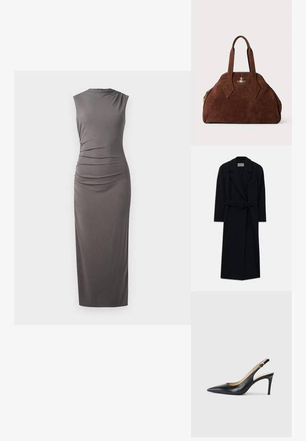 Juodas diržinis paltas su dideliais apykakliais ir ilgomis rankovėmis. Yra viena kišenė krūtinėje ir tiesi siluetas. Lygus paviršius.; Bežėmės pilkos midi suknelės, su prigludusia siluetu, šoniniu raukimu, apvalia iškirpte ir lygiu, elastingu audiniu.; Juodos odinės slingback aukštakulnės bateliai su smailiu nosiu, reguliuojama juosta ir elegantišku stiletto kulnu, pasižymintys lygia apdaila.; Ruda zomšo rankinė su struktūrine forma, apvaliu kūnu ir pailgom rombo formos rankenom. Yra sidabro spalvos uždarymo mechanizmas.