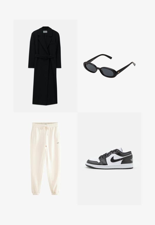 Manteau noir à ceinture, avec de grands revers et des manches longues. Dispose d'une poche unique sur la poitrine et d'une silhouette droite. Texture lisse.; Pull en col roulé couleur crème fabriqué à partir d'un tissu tricoté doux. Il présente des poignets et un ourlet côtelés, avec une coupe décontractée et des épaules tombantes.; Pantalon de jogging couleur crème en tissu doux, doté d'une taille élastique, d'un cordon de serrage, de poches latérales et de poignets côtelés. Logo "self." imprimé.; Des baskets basses Nike en noir et blanc présentent un cuir lisse sur le dessus, un bout rond, un système de laçage et une semelle extérieure en caoutchouc à motifs.; Lunettes de soleil noires surdimensionnées avec des verres ovoïdes, monture en plastique lisse et accents dorés sur les tempes. Les verres sombres offrent une protection contre le soleil.; Sac bandoulière en daim marron foncé avec une sangle ajustable, une quincaillerie dorée et un grand rabat frontal.