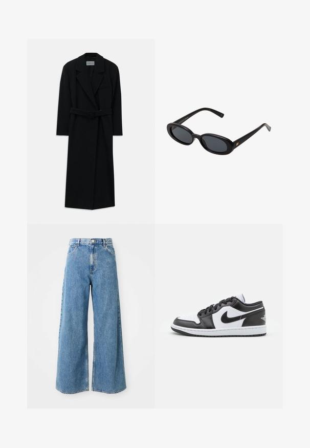 Abrigo negro con cinturón, grandes solapas y mangas largas. Cuenta con un bolsillo en el pecho y una silueta recta. Textura suave.; Suéter de cuello alto color crema, hecho de tela de punto suave. Presenta puños y dobladillo acanalados, con un corte relajado y hombros caídos.; Jeans de corte ancho de cintura alta en denim azul claro, con cierre frontal de botón y cremallera, y bolsillos delanteros sobre un fondo blanco.; Las zapatillas Nike de corte bajo en blanco y negro presentan un upper de cuero suave, puntera redonda, cierre con cordones y una suela de goma con patrón.; Gafas de sol grandes de color negro con lentes ovalados, montura de plástico suave y detalles dorados en las patillas. Los lentes oscuros ofrecen protección solar.; Bolso de hombro de ante marrón oscuro con correa ajustable, herrajes en tono dorado y un gran cierre frontal con solapa.