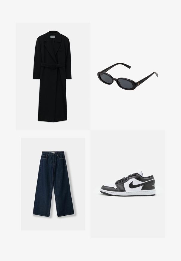 Svart kappa med bälte, stora slag och långa ärmar. Har en enkel ficka på bröstet och en rak silhuett. Slät textur.; Krämfärgad polotröja i mjukt stickat tyg. Har ribbade ärmslut och nederkant, med en avslappnad passform och nedsläppta axlar.; Mörkblå, vida jeans i denim. Har fem fickor, knapp- och dragkedjestängning samt kontrasterande sömmar.; Svarta och vita Nike låga sneakers har en slät läderöverdel, rund tå, snörning och en mönstrad gummisula.; Svarta överdimensionerade solglasögon med ovala linser, slät plastbåge och guldaccent på bågarna. Mörka linser ger solskydd.; Mörkbrun väska i mocka med justerbar axelrem, guldfärgade beslag och en stor klaff med stängning framtill.