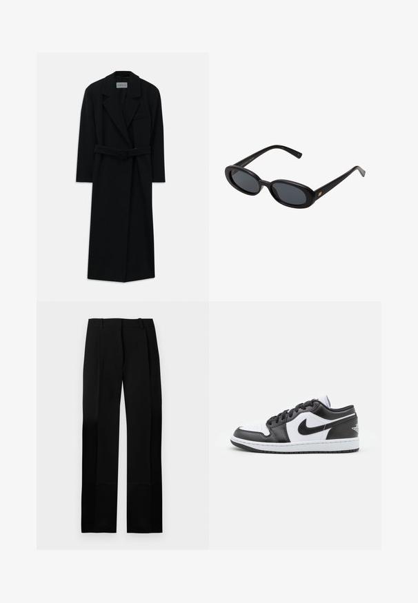 Black belted coat with large lapels and long sleeves. Features a single pocket on the chest and a straight silhouette. Smooth texture.; Cream-colored turtleneck sweater made from soft knit fabric. Features ribbed cuffs and hem, with a relaxed fit and dropped shoulders.; Black tailored pants with a smooth texture, straight-leg design, and front pleats. Features a flat waistband and no visible hardware.; Black and white Nike low-top sneakers feature a smooth leather upper, round toe, lace-up closure, and a patterned rubber outsole.; Black oversized sunglasses with oval lenses, smooth plastic frame, and gold accents on temple. Dark lenses provide sun protection.; Dark brown suede shoulder bag with adjustable strap, gold-tone hardware, and a large front flap closure.