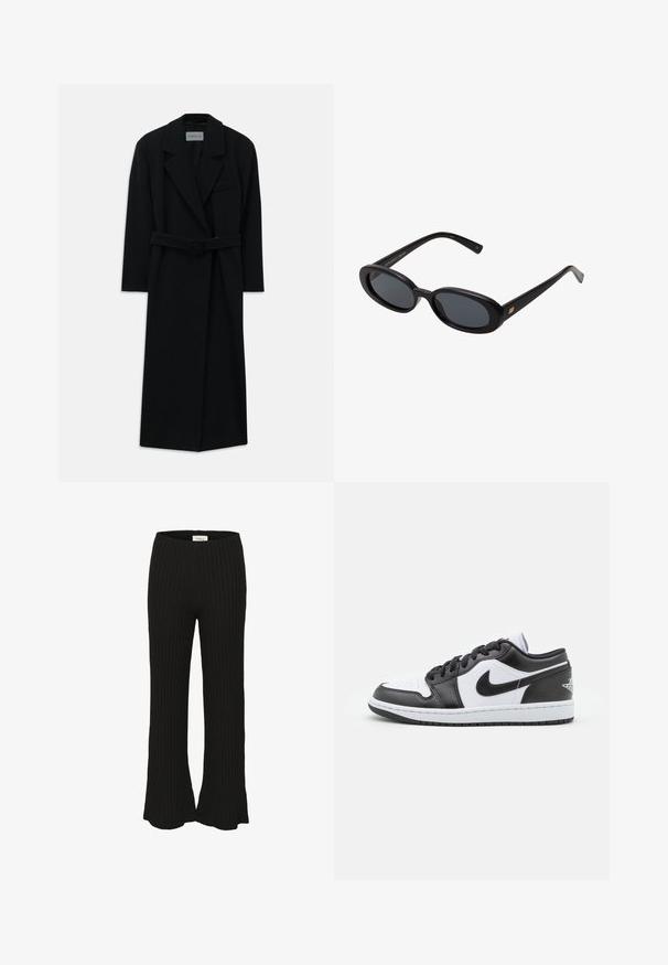 Mustat vyötäröllä varustetut takit, joissa on suuret kaulukset ja pitkät hihat. Yksi rintatasku ja suora siluetti. Sileä pinta.; Kermanvärinen pooloneule, joka on valmistettu pehmeästä neulekankaasta. Siinä on ribbikudotut hihansuut ja helma, rento istuvuus ja laskeutuvat olkapäät.; Mustat ribbitut housut, joissa on leveät lahkeet ja korkea vyötärö. Kangas vaikuttaa pehmeältä ja joustavalta, sopii rentoon käyttöön.; Mustat ja valkoiset Nike matalavartiset lenkkarit, joissa on sileä nahkapinta, pyöreä kärki, nauhakiristys ja kuvioitu kumipohja.; Mustat ylisuuruiset aurinkolasit, jotka ovat soikeat linssit, sileä muovikehys ja kultaiset korostukset temppeleissä. Tummat linssit tarjoavat suojaa auringolta.; Tummanruskea mokkanahkainen olkalaukku säädettävällä hihnalla, kulta-värisillä metalliosilla ja suurella etutaskun läpällä.