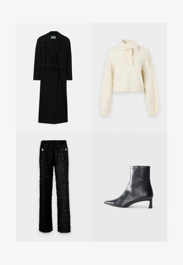 Fekete öves kabát nagy hajtókákkal és hosszú ujjakból. Egyetlen zsebbel rendelkezik a mellrészen és egyenes sziluettje van. Sima textúra.; Rövidített krémszínű pulóver magas nyakkal és megkötő részlettel, puha anyagból készült. Bordás kötött mandzsettákkal és szegéllyel rendelkezik.; Fekete bolyhos nadrág, texturált mintázattal, magas derekú fazonnal és két elülső zsebbel, melyeket kerek virágdíszek ékesítenek.; Fekete bőr bokacsizma hegyes orral és letisztult dizájnnal. Alacsony sarka és hátsó cipzáras záródása van. Simának tűnő textúra.