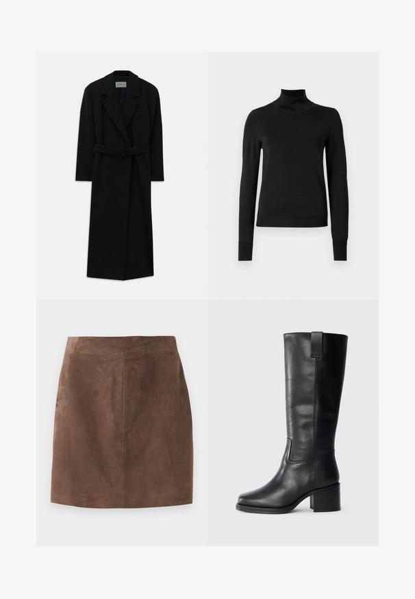 Cappotto nero con cintura, ampi rever e maniche lunghe. Presenta una tasca singola sul petto e una silhouette dritta. Texture liscia.; Pullover nero a maniche lunghe con collo alto, rifinito con polsini e orlo a coste, mostrato su uno sfondo bianco semplice.; Gonna in suede marrone con una superficie liscia, forma a trapezio e vita semplice. Le cuciture decorative si estendono verticalmente sul retro.; Stivali al ginocchio in pelle nera con una texture liscia, punta quadrata, tacco a blocco e linguetta laterale, caratterizzati da dettagli di cucitura minimi.