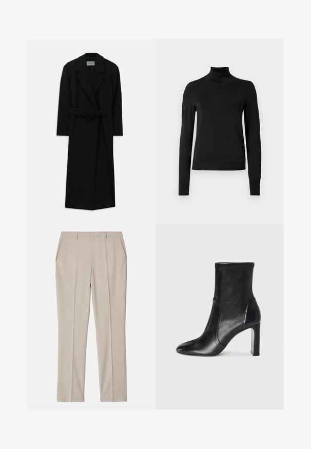 Fekete öves kabát nagy hajtókákkal és hosszú ujjakból. Egyetlen zsebbel rendelkezik a mellrészen és egyenes sziluettje van. Sima textúra.; Fekete, hosszú ujjú garbós pulóver bordás mandzsettákkal és aljjal, sima fehér háttér előtt bemutatva.; Filippa K EMMA TROUSERS - Nadrágok - desert tau; Fekete bőr bokacsizma elegáns dizájnnal, hegyes orral és magas blokksarkúval. Simának tűnő textúrával és minimalista varrási részletekkel rendelkezik.