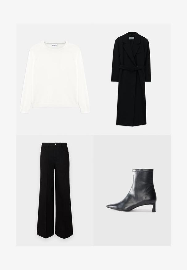 Manteau noir à ceinture, avec de grands revers et des manches longues. Dispose d'une poche unique sur la poitrine et d'une silhouette droite. Texture lisse.; Pull léger couleur crème avec un col rond, des manches longues et un ourlet côtelé. Fabriqué en tissu doux avec une texture lisse.; Jean large noir fabriqué dans un tissu robuste, avec une taille haute, des poches avant et une fermeture à bouton à l'avant. Ourlet plat en bas.; Bottine en cuir noir avec un bout pointu et un design épuré. Présente un petit talon et une fermeture éclair à l'arrière. Texture lisse.