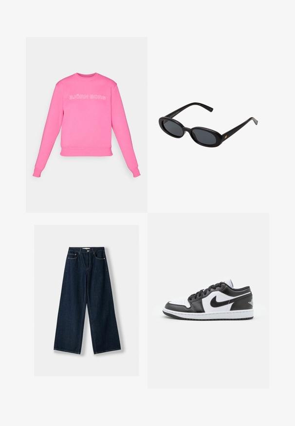 Čierny kabát s opaskom, veľkými klopami a dlhými rukávmi. Obsahuje jednu náprsné vrecko a má rovný strih. Hladká textúra.; Ružová mikina s dlhými rukávmi, s rebrovanými manžetami a lemem, s bielym textom "BJÖRN BORG" na hrudi. Mäkko tkaná látka s hladkým povrchom.; Tmavomodré, široké džínsy vyrobené z denimovej látky. Obsahujú päť vreciek, zapínanie na gombík a zips, a detaily s kontrastným švom.; Čierno-biele nízke tenisky Nike majú hladký kožený zvršok, okrúlu špičku, šnurovacie zapínanie a vzorovanú gumovú podrážku.; Čierne oversized slnečné okuliare s oválnymi šošovkami, hladkým plastovým rámom a zlatými akcentmi na straniciach. Tmavé šošovky poskytujú ochranu pred slnkom.; Hnedá tmavá semišová kabelka cez rameno s nastaviteľným popruhom, kovovými časťami v zlatom tóne a veľkým predným prekrytím na zapínanie.