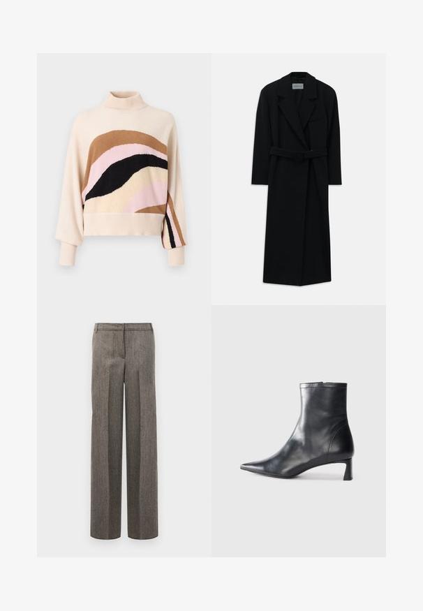 Casaco preto com cinto, grandes lapelas e mangas longas. Apresenta um bolso único no peito e uma silhueta reta. Textura suave.; Marella FINITO - Camisola - rosa; Calças cinzentas com padrão, de design ajustado, com pernas largas e uma textura suave, apresentando uma frente lisa e passantes para cinto.; Bota de tornozelo em pele preta com biqueira apontada e um design elegante. Apresenta um salto baixo e um fecho com zipper na parte de trás. Textura suave.