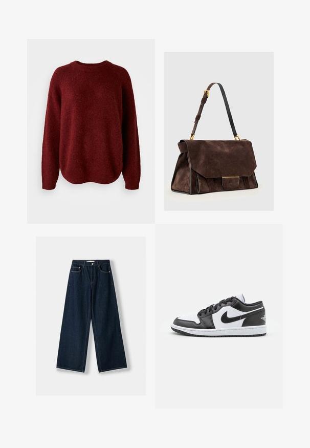 Sort bæltefrakke med store slag og lange ærmer. Har en enkelt lomme på brystet og en lige silhuet. Glat tekstur.; Rød striktrøje med rund halsudskæring, lange ærmer og en blød tekstur. Designet har en afslappet pasform og falder let ned ved kanten.; Mørkeblå, vide jeans lavet af denim. Har fem lommer, knap- og lynlås lukning samt kontrastsyning detaljer.; Sorte og hvide Nike lavtoppede sneakers har en glat læderoverdel, rund tå, snørelukning og en mønstret gummisål.; Mørkebrun skuldertaske i ruskind med justerbar rem, guldtonede beslag og en stor frontklaplukning.