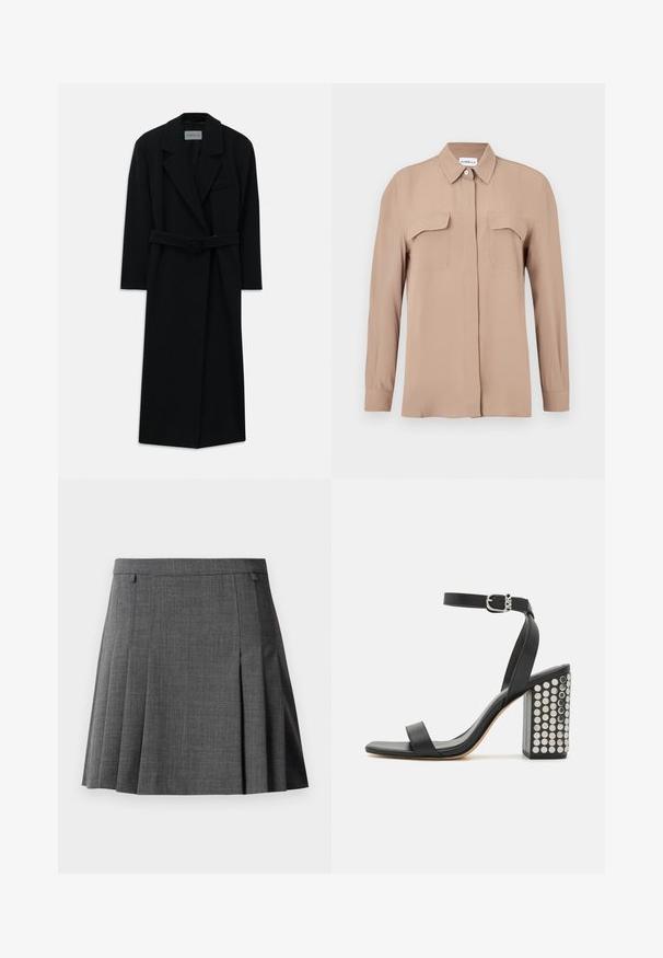 Crni kaput s remenom, velikim reverima i dugim rukavima. Ima jedan džep na prsima i ravnu siluetu. Glatka tekstura.; Bež košulja s dugim rukavima na kopčanje od laganog tkanja. Ima dva džepa na prsima i klasični ovratnik, s ravnim krojem i minimalističkim dizajnom.; Siva plisirana suknja s prilagođenim pojasom, izrađena od glatkog, srednje teškog materijala.; Crne sandale na petu od kože s remenom oko gležnja. Imaju kvadratni vrh, glatku teksturu i kvadratnu blok petu ukrašenu srebrnim zakovicama.