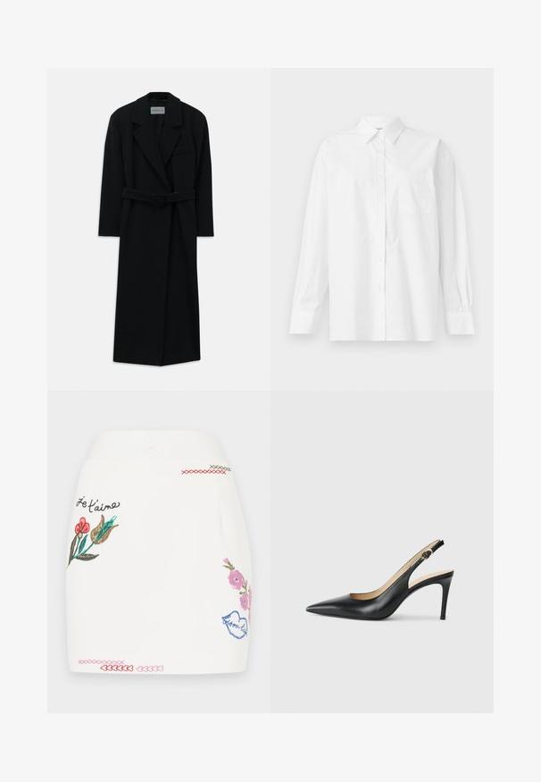Cappotto nero con cintura, ampi rever e maniche lunghe. Presenta una tasca singola sul petto e una silhouette dritta. Texture liscia.; Camicia bianca a maniche lunghe in cotone, con colletto classico, chiusura a bottoni e una tasca singola sul lato sinistro.; Gonna bianca con ricami floreali colorati in rosa, rosso e verde. Include dettagli di cucitura decorativa sull'orlo e la frase "Je t'aime."; Slingback in pelle nera con i tacchi alti a punta, cinturino regolabile e tacco a spillo elegante, caratterizzati da una finitura liscia.