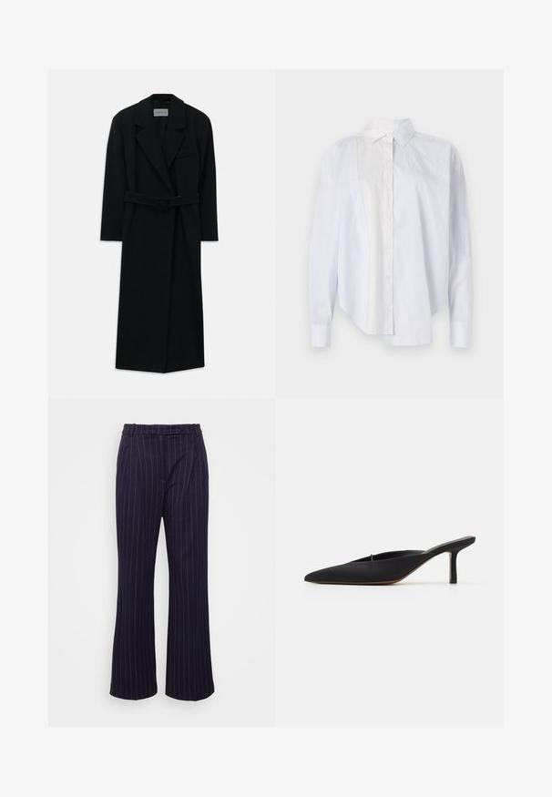 Black belted coat with large lapels and long sleeves. Features a single pocket on the chest and a straight silhouette. Smooth texture.; Striped button-up shirt in light blue and white, featuring contrasting solid white fabric on one side, classic collar, and long sleeves.; DESIGNERS REMIX ZOE PANTS - Trousers - navy/white; Black pointed-toe mule with a sleek design, made of smooth fabric, featuring a slender heel and open back for easy wear.