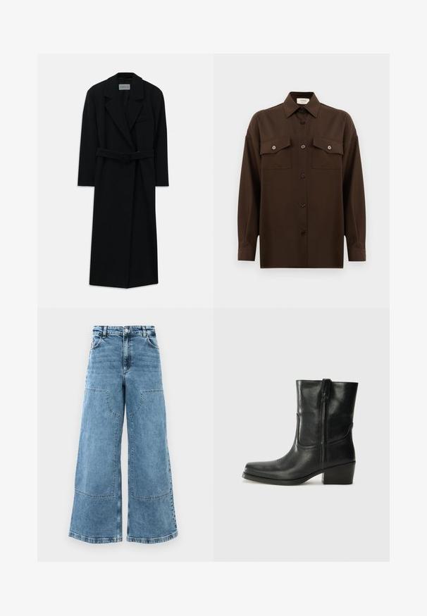 Casaco preto com cinto, grandes lapelas e mangas longas. Apresenta um bolso único no peito e uma silhueta reta. Textura suave.; Camisa de botões de manga longa castanho-escuro, com dois bolsos de aba no peito e um colarinho clássico, apresentada contra um fundo branco liso.; Jeans de ganga de perna larga em azul claro com cintura alta, grandes bolsos frontais e costura visível. Apresenta um design clássico de cinco bolsos.; Bota de tornozelo em couro preto com bico arredondado, salto bloco, fecho lateral e detalhes em costura na parte frontal. Textura suave, design clássico.