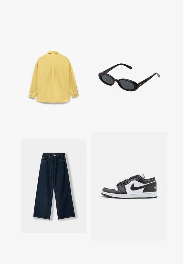 Mustat vyötäröllä varustetut takit, joissa on suuret kaulukset ja pitkät hihat. Yksi rintatasku ja suora siluetti. Sileä pinta.; Keltainen pitkähihaisena paita pehmeästä kankaasta, jossa on kauluspäinen kaula, napitettavat hihansuut ja poimuttaminen takana.; Tummansinisiä, leveälahkeisia farkkuja. Ominaisuuksiin kuuluu viisi taskua, nappi- ja vetoketjukiinnitys sekä kontrastoväriset ompelut.; Mustat ja valkoiset Nike matalavartiset lenkkarit, joissa on sileä nahkapinta, pyöreä kärki, nauhakiristys ja kuvioitu kumipohja.; Mustat ylisuuruiset aurinkolasit, jotka ovat soikeat linssit, sileä muovikehys ja kultaiset korostukset temppeleissä. Tummat linssit tarjoavat suojaa auringolta.; Tummanruskea mokkanahkainen olkalaukku säädettävällä hihnalla, kulta-värisillä metalliosilla ja suurella etutaskun läpällä.