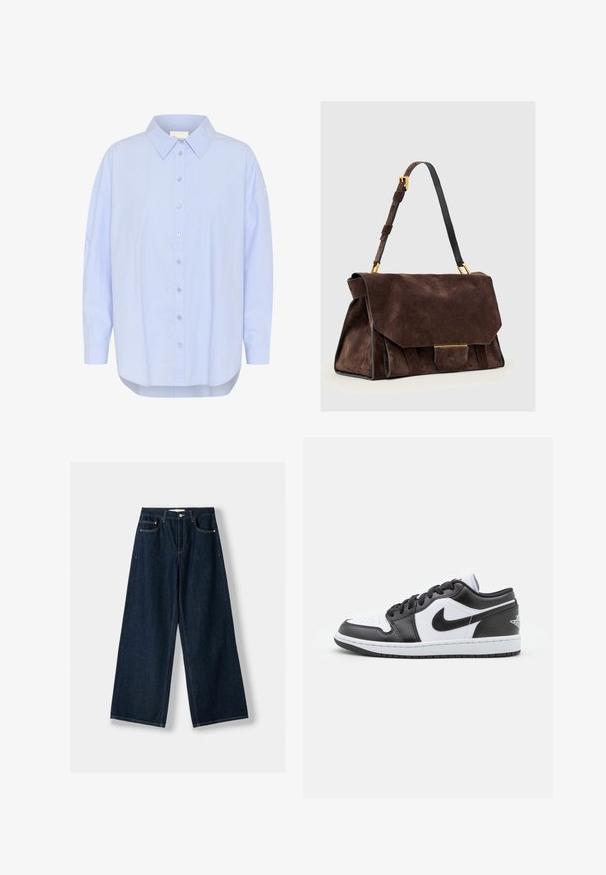 Black belted coat with large lapels and long sleeves. Features a single pocket on the chest and a straight silhouette. Smooth texture.; Light blue button-up shirt with a pointed collar, long sleeves, and a curved hem. Smooth texture with visible button details.; Dark blue, wide-leg jeans made of denim. Features five pockets, a button and zipper closure, and contrast stitching details.; Black and white Nike low-top sneakers feature a smooth leather upper, round toe, lace-up closure, and a patterned rubber outsole.; Dark brown suede shoulder bag with adjustable strap, gold-tone hardware, and a large front flap closure.