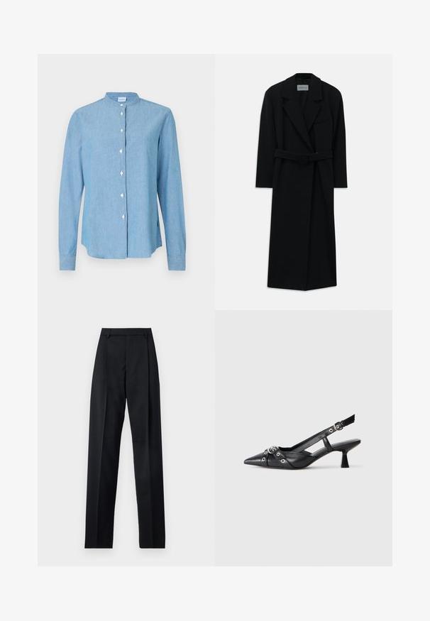 Manteau noir à ceinture, avec de grands revers et des manches longues. Dispose d'une poche unique sur la poitrine et d'une silhouette droite. Texture lisse.; Chemise en denim bleu clair à boutons, dotée d'un col rond, de manches longues et de boutons perlés sur le devant.; Pantalon noir en tissu lisse avec taille haute, jambes larges, plis à l'avant et passants de ceinture classiques. Pas de poches latérales visibles.; Chaussure slingback en cuir noir avec un bout pointu, des sangles décoratives avec œillets en métal et un petit talon carré. Surface texturée.