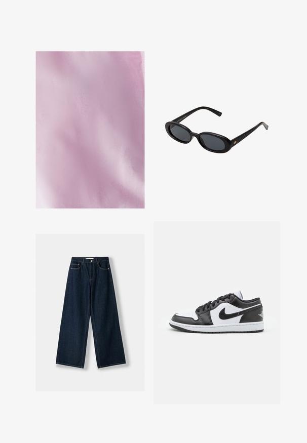 Čierny kabát s opaskom, veľkými klopami a dlhými rukávmi. Obsahuje jednu náprsné vrecko a má rovný strih. Hladká textúra.; Svetloružová látka s hladkým, jemne textúrovaným povrchom. Materiál je ľahučký a jednotnej farby, s jemnými variáciami odtieňa.; Tmavomodré, široké džínsy vyrobené z denimovej látky. Obsahujú päť vreciek, zapínanie na gombík a zips, a detaily s kontrastným švom.; Čierno-biele nízke tenisky Nike majú hladký kožený zvršok, okrúlu špičku, šnurovacie zapínanie a vzorovanú gumovú podrážku.; Čierne oversized slnečné okuliare s oválnymi šošovkami, hladkým plastovým rámom a zlatými akcentmi na straniciach. Tmavé šošovky poskytujú ochranu pred slnkom.; Hnedá tmavá semišová kabelka cez rameno s nastaviteľným popruhom, kovovými časťami v zlatom tóne a veľkým predným prekrytím na zapínanie.