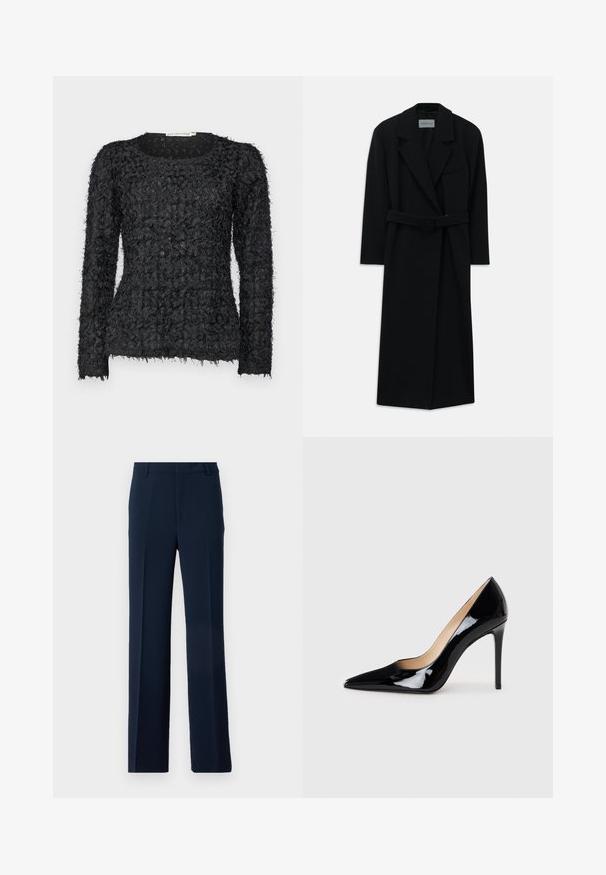 Črn plašč s pasom, velikimi klapnicami in dolgimi rokavi. Ima en žep na prsih in ravno silhueto. Gladka tekstura.; Črn teksturiran pulover z dolgimi rokavi, ki ima edinstveno plastično zasnovo z raztrganimi nitkami in okroglim izrezom.; Mornarsko modre hlače iz gladkega blaga, z naravnim krojem in stranskimi žepi, ki vsebujejo prednje nabore za urejen videz.; Črne patent usnjene visoke pete s koničastim dizajnom in elegantno silhueto. Imajo gladko, sijočo površino in ozko stiletto peto.