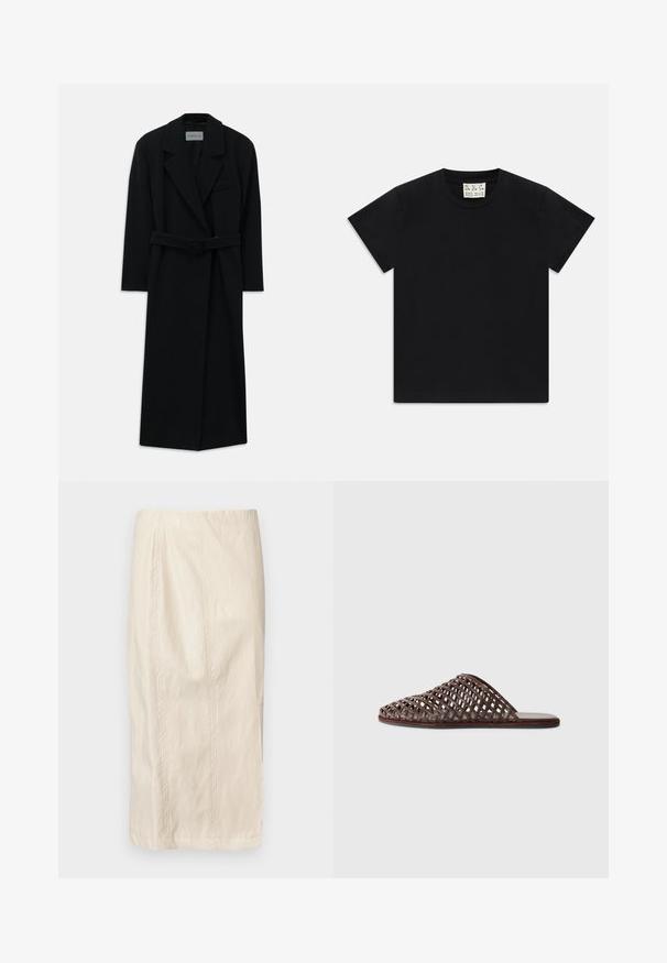 Fekete öves kabát nagy hajtókákkal és hosszú ujjakból. Egyetlen zsebbel rendelkezik a mellrészen és egyenes sziluettje van. Sima textúra.; Fekete, rövid ujjú, kerek nyakú póló fehér címkével a gallér belsejében, amelyen az "D.R.C. EST. 2002" felirat szerepel, fehér háttéren.; Tejfehér, térd hosszúságú szoknya, pleátált kialakítással, könnyű anyagból készült. Függőleges varrásokkal és sima, enyhén texturált felülettel rendelkezik.; Barna szőtt csúsztatós szandál lekerekített orral, nyitott dizájnnal, lapos talppal és texturált felülettel. Könnyű anyag és minimalista sziluett.