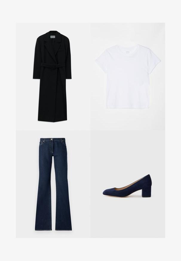 Manteau noir à ceinture, avec de grands revers et des manches longues. Dispose d'une poche unique sur la poitrine et d'une silhouette droite. Texture lisse.; FRAME BABY TEE - T-shirt basique - white; Jean flare bleu foncé en denim, dotés d'un design à cinq poches, de passants de ceinture et de coutures jaunes contrastées le long des coutures.; Escarpin en daim bleu marine avec un bout pointu et un talon bloc de hauteur intermédiaire. Texture lisse avec un subtil éclat et une petite découpe à l'avant.