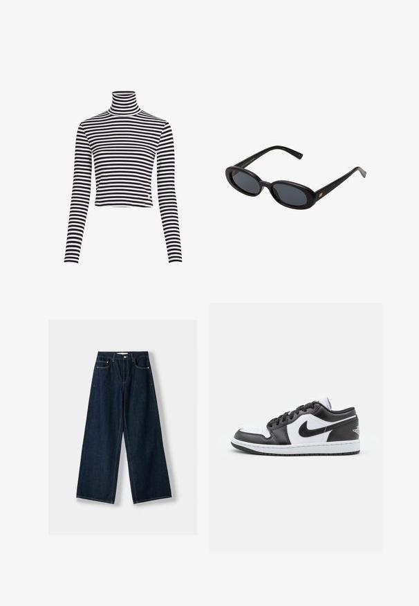 Svart kappa med bälte, stora slag och långa ärmar. Har en enkel ficka på bröstet och en rak silhuett. Slät textur.; Svart- och vitrandig polotröja med långa ärmar och en cropped design, tillverkad av ett ribbat material. Har en liten logotyp vid fållen.; Mörkblå, vida jeans i denim. Har fem fickor, knapp- och dragkedjestängning samt kontrasterande sömmar.; Svarta och vita Nike låga sneakers har en slät läderöverdel, rund tå, snörning och en mönstrad gummisula.; Svarta överdimensionerade solglasögon med ovala linser, slät plastbåge och guldaccent på bågarna. Mörka linser ger solskydd.; Mörkbrun väska i mocka med justerbar axelrem, guldfärgade beslag och en stor klaff med stängning framtill.