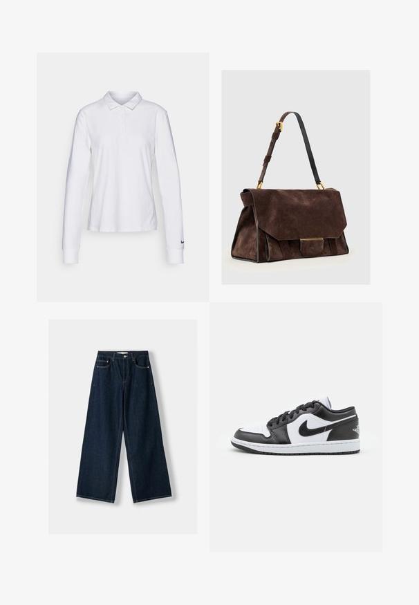 Svart kappa med bälte, stora slag och långa ärmar. Har en enkel ficka på bröstet och en rak silhuett. Slät textur.; Vit långärmad polo som har en krage, knappslå och svart Nike Swoosh-logotyp på vänster ärm. Slät bomullstyg.; Mörkblå, vida jeans i denim. Har fem fickor, knapp- och dragkedjestängning samt kontrasterande sömmar.; Svarta och vita Nike låga sneakers har en slät läderöverdel, rund tå, snörning och en mönstrad gummisula.; Mörkbrun väska i mocka med justerbar axelrem, guldfärgade beslag och en stor klaff med stängning framtill.
