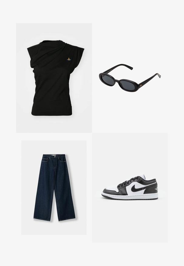Crni kaput s remenom, velikim reverima i dugim rukavima. Ima jedan džep na prsima i ravnu siluetu. Glatka tekstura.; Vivienne Westwood HEBO - Osnovna majica kratkih rukava - black; Tamno plave, široke traperice napravljene od denima. Imaju pet džepova, kopčanje na dugme i patent zatvarač, te detalje s kontrastnim šavovima.; Crno-bijele Nike niske tenisice imaju glatku kožnu gornjište, okrugli vrh, vezanje na vezice i uzorčeni gumeni potplat.; Crne velike sunčane naočale s ovalnim staklima, glatkim plastičnim okvirom i zlatnim detaljima na sljepočnicama. Tamna stakla pružaju zaštitu od sunca.; Tamnosmeđa torba od brušene kože s podesivim remenom, hardverom zlatne boje i velikom prednjom preklopnom kopčom.
