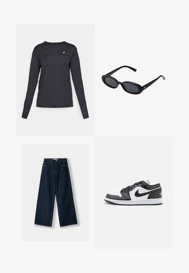 Schwarzer Gürtel-Mantel mit großen Revers und langen Ärmeln. Verfügt über eine einzelne Tasche auf der Brust und eine gerade Silhouette. Glatte Textur.; Schwarzes Langarm-T-Shirt mit Rundhalsausschnitt, das ein kleines weißes Logo auf der oberen Brust und eine dezente horizontale Naht über die Vorderseite aufweist.; Dunkelblaue, weit geschnittene Jeans aus Denim. Verfügt über fünf Taschen, einen Knopf- und Reißverschluss sowie Kontrastnähte.; Schwarz-weiße Nike Low-Top-Sneaker verfügen über ein glattes Leder-Obermaterial, eine runde Zehenpartie, eine Schnürung und eine gemusterte Gummisohle.; Schwarze, oversized Sonnenbrillen mit ovalen Gläsern, glattem Kunststoffrahmen und goldenen Akzenten an den Bügeln. Die dunklen Gläser bieten Sonnenschutz.; Dunkelbraune Wildleder-Umhängetasche mit verstellbarem Riemen, goldfarbenen Beschlägen und großem vorderem Überschlagverschluss.