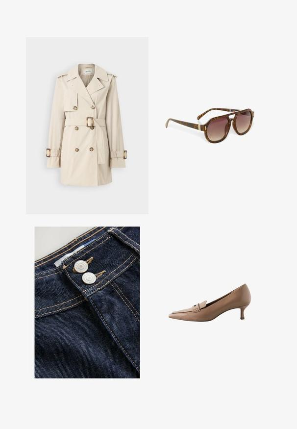 Beige trenchcoat met dubbele rij knopen, ceintuur in de taille, schouderepauletten en manchetbandjes. Gladde stoftextuur.; Donkerbruine trui met een hoge hals, geribbelde boorden en een cropped zoom. Zachte textuur met een ontspannen pasvorm en subtiele schoudernaden.; Donkerblauwe denim jeans hebben een close-up van de tailleband met twee metalen knopen, contrasterende gouden stiksels en een gestructureerde stofoppervlak.; Beige leren pump met spitse neus en een lage hak, met een decoratieve band en gesp over de wreef. Gladde textuur, stijlvolle vormgeving.; Schildpad zonnebril met gradient lenzen, hoekige vorm en gouden accenten op de armen, met een elegante, glanzende afwerking.; Bruine leren tote bag met twee platte handvatten, rechthoekige vorm, gladde textuur en een reliëflogo aan de voorkant.