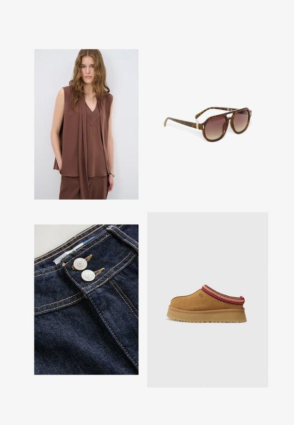 Gabardina beige con cierre de botones dobles, cintura ajustada con cinturón, epaulettes en los hombros y hebillas en los puños. Textura de tela suave.; Blusa sin mangas marrón con un escote en V, que presenta un diseño drapeado y detalles cosidos en el escote. Textura de tela suave y fluida.; Los vaqueros de denim de un azul oscuro presentan una vista en primer plano de la cinturilla con dos botones de metal, costuras doradas en contraste y una superficie de tejido texturizado.; Zapato de ante marrón sin cordones con ribete decorativo rojo y crema, suela texturizada y logo de UGG en el lateral. Presenta una ligera altura de plataforma.; Gafas de sol de carey con lentes degradados, forma angular y detalles dorados en las patillas, con un acabado elegante y brillante.; Bolso tote de cuero marrón con dos asas planas, forma rectangular, textura suave y logo en relieve en el frente.
