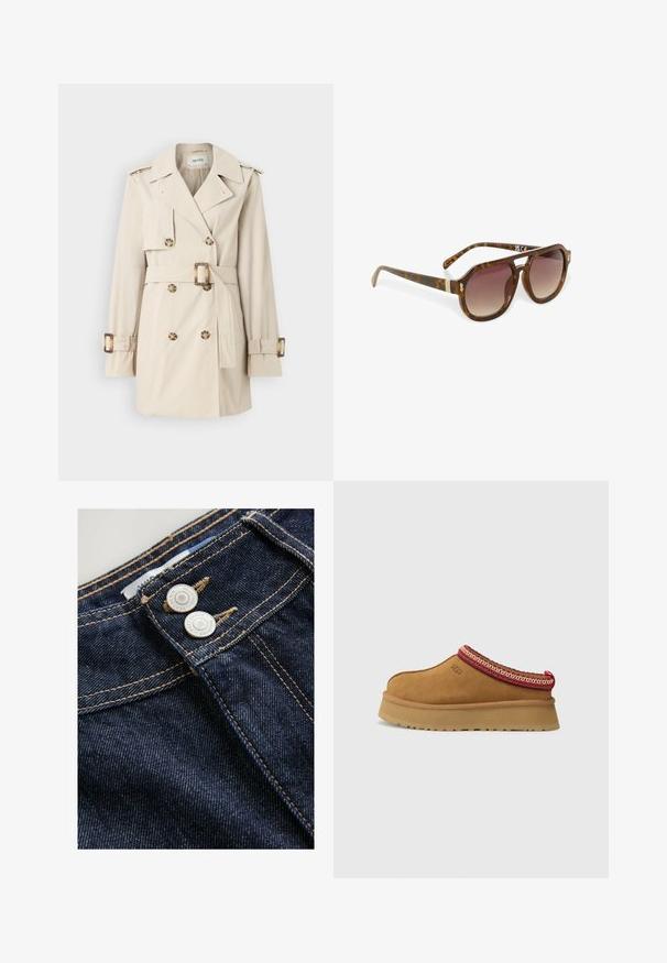 Manteau trench beige avec fermeture à double bouton, taille ceinturée, épaulettes et straps aux poignets. Tissu au toucher lisse.; T-shirt blanc à manches courtes en coton. Doté d'un col ras du cou et d'une coupe décontractée. Texture lisse sans motifs ni accents visibles.; Un jean en denim bleu foncé présente un gros plan de la ceinture avec deux boutons métalliques, des coutures dorées contrastantes et une surface en tissu texturé.; Chaussure slip-on en daim marron avec un bord en rouge et crème à motifs, semelle texturée et logo UGG sur le côté. Présente une légère hauteur de plateforme.; Lunettes de soleil en écaille de tortue avec des verres dégradés, de forme angulaire et des accents dorés sur les branches, présentant une finition lisse et brillante.; Sac fourre-tout en cuir marron avec deux poignées plates, de forme rectangulaire, texture lisse et logo en relief sur le devant.