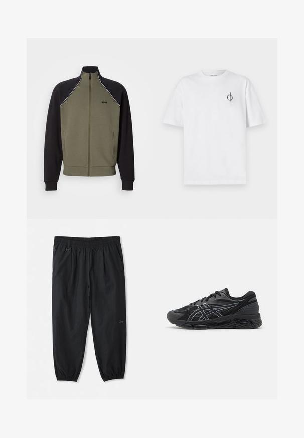 Zip-up jacket in olive green and black, featuring a high collar, side pockets, and white piping along the shoulders. Soft texture.; White cotton t-shirt with a relaxed fit, featuring a small black graphic logo on the left chest area. Short sleeves, crew neck style.; Black casual elastic-waist pants with side pockets, ankle elastic cuffs, and a small logo on the right thigh.; Men's running shoes in black mesh with reflective silver accents, featuring a cushioned sole and a textured surface for grip.