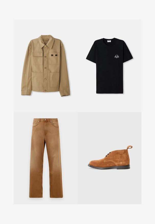 Jachetă bej din bumbac, cu guler ascuțit, patru buzunare aplicate, nasturi aurii și un detaliu cu un accent negru pe piept.; Tricou din bumbac negru cu guler rotund. Prezintă un mic design grafic alb pe piept. Mâneci scurte și tiv drept.; Jeans largi din denim maro cu talie înaltă, având două buzunare frontale, închidere cu nasture și o textură subtilă. Fără modele sau accente vizibile.; Boots de gleznă din suede maro, cu vârf rotund, dotate cu șireturi negre, un manșon pentru a fi trase mai ușor și o talpă neagră joasă. Textură netedă, design minimal.