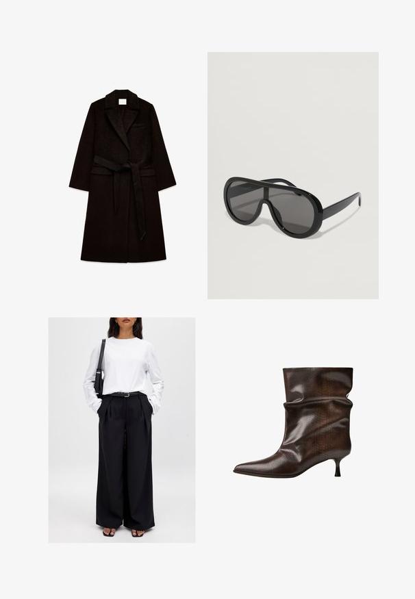 Čierny vlnenný kabát s textúrovaným povrchom, výstrihom do V, dlhými rukávmi a opaskom v páse. Má náprsné vrecko a rovný strih.; Svetlohnedý pletený sveter s okrúhlym výstrihom a dlhými rukávmi, so zvýraznenými manžetami a skráteným lemom. Mäkká textúra a ležérny dizajn.; NA-KD Nohavice - black; Tmavohnedá kožená čižma po strednú časť lýtka s špicatou špičkou, uvoľneným ramenom a úzkym nízkym kitten podpätkom.; Čierne oversize slnečné okuliare s hladkým plastovým rámom, tmavými sklami a širokými spánkami, s obopínajúcim dizajnom pre maximálne pokrytie.
