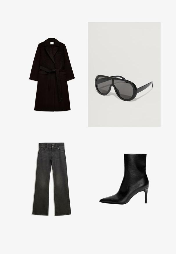 Svart ullkappa med en strukturerad yta, insvängd krage, långa ärmar och ett bälte vid midjan. Har en bröstficka och rak silhuett.; Mörkgrå kortad tröja med V-ringning och långa ärmar. Tillverkad av mjukt, texturerat tyg med ribbad kant. Enkelt design.; Svarta denimbyxor med vida ben och en figurnära midja, med synlig sömnad, två framfickor och silverfärgad detaljer på knapparna.; Svart läderstövel som når till ankeln med en elegant siluett, spetsig tå och hög stilettklack. Slät yta, minimalistisk design utan synliga detaljer.; Svarta oversized solglasögon med en slät plastbåge, mörka linser och breda skalmar, med en omslutande design för full täckning.