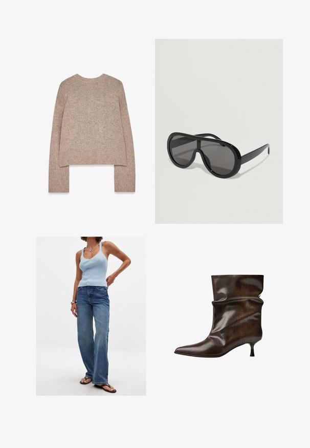 Musta villakangastakki, jossa on teksturoitu pinta, kaulus, pitkät hihat ja vyö vyötäröllä. Sisältää rintataskun ja suoran siluetin.; Vaaleanruskea neulottu neulepaita, jossa on pyöreä pääntie ja pitkät hihat, varustettu resorihihoilla ja lyhyellä helmalla. Pehmeä rakenne ja renno yhdistelmä.; Vaaleansininen raidallinen tank top, joka on yhdistetty haalistuneisiin sinisiin leveisiin farkkuihin. Siinä on ohuet olkaimet, kaarrokehka ja perus flip-flopit.; Tummanruskea polvenkorkuinen nahkabootsi, jossa on terävä kärki, löysä varsi ja kapea matala kitten-korko.; Mustat ylisuuret aurinkolasit, joissa on sileä muovikehys, tummat linssit ja leveät templet, joissa on ympäröivä muotoilu täydellistä suojaa varten.