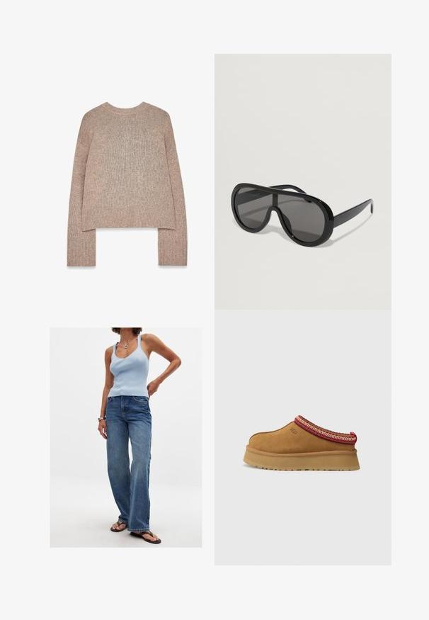 Melnas vilnas mētelis ar teksturētu virsmu, ar iegriezumu apkakli, garām piedurknēm un jostu viduklī. Ietver krūšu kabatu un taisnu siluetu.; Gai brūns adīts džemperis ar apaļu kakla izgriezumu un garām piedurknēm, ar ribotām aprocēm un īsu malu. Mīksta tekstūra un ikdiena stils.; Gai zila ribota bezmugurkaula blūze kopā ar izbalējušām zilām platām biksēm. Iezīmējas ar plāniem siksnām, izgriezumu uz vienu pusi un parastiem flip-flop apaviem.; Brūni zamšs iegriežamie apavi ar sarkanu un krēmīgu rakstu apdari, strukturētu zoli un UGG logotipu malā. Iezīmē vieglu platformas augstumu.; Melni pāri lielizmēra saulesbrilles ar gludu plastmasas rāmi, tumšām lēcām un platām tempļiem, ar apvērsto dizainu, kas nodrošina pilnīgu aizsardzību.