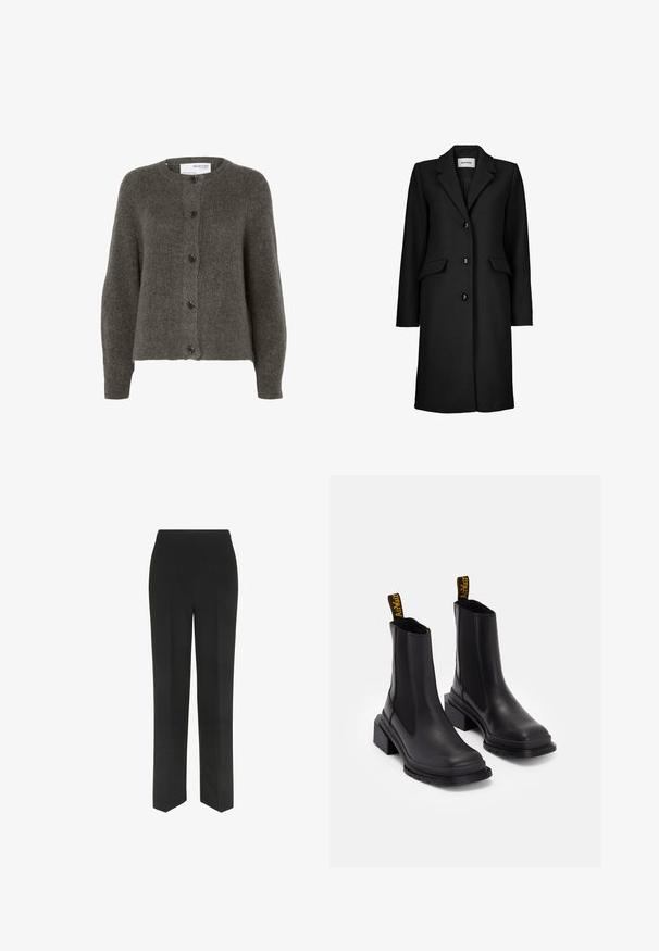 Juodas paltas su notch apykakle, viengubu užsegimu, trimis mygtukais ir dviem priekinėmis kišenėmis. Pagamintas iš tekstūruotos medžiagos.; Anglies pilkos spalvos kardiganas, pagamintas iš minkštos medžiagos, su apvaliu kaklu, ilgomis rankovėmis ir penkiomis sagutėmis priekyje.; Pilkos spalvos trumpas rankovės marškinėliai, pagaminti iš minkštos medvilnės mišinio. Turi apvalų kaklą ir sulenktus rankogalius. Paprastas, tiesus kirpimas.; Juodi kelniai su tiesiu kirpimu, su paprasta juosmeniu ir be matomų kišenių, pristatyti prieš baltą foną.; Juodi kulkšniniai batai, pagaminti iš lygaus odos, su elastingais šonų paneliais, kvadratiniais pirštais ir storu kulnu. Yra geltoni prekės ženklo užtrauktukai.