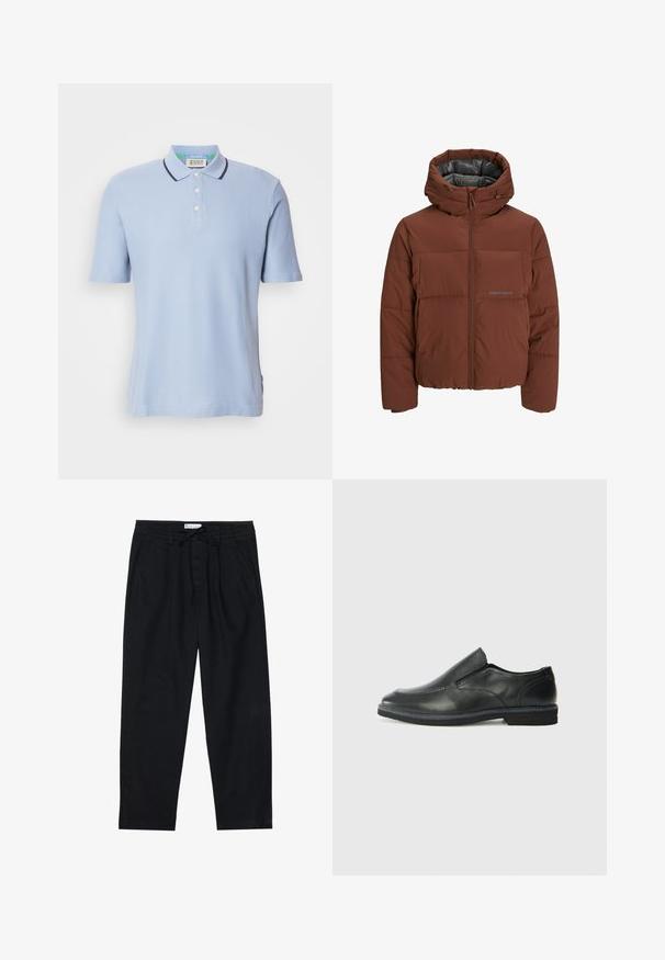 Jachetă pufoasă maro cu glugă, având închidere cu fermoar în față, design matlasat și căptușeală interioară netedă. Accentuată de un branding subtil.; Polo de culoare albastră deschis, confecționat dintr-un material ribat, cu un guler cu două butoane, mâneci scurte și margine bleumarin la guler.; Pier One Pantaloni chino - black; Pantof de piele neagră, tip slip-on, cu un superior neted, accente cusute, vârf rotunjit și un toc jos din cauciuc. Talpa are un profil minim de aderență.