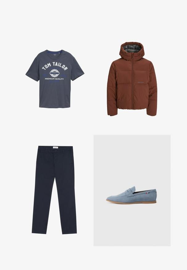 Braune Steppjacke mit Kapuze, ausgestattet mit einem Reißverschluss vorn, gestepptem Design und glattem Innenfutter. Mit subtilen Branding-Details akzentuiert.; Dunkelblaues Baumwoll-T-Shirt mit Rundhalsausschnitt, kurzen Ärmeln und einem grafischen Frontdruck in Weiß und Blau mit der Aufschrift "TOM TAILOR PREMIUM QUALITY."; Marineblaue Chinos aus Baumwolle mit glatter Textur, ausgestattet mit einem Reißverschluss, Gürtelschlaufen und seitlichen Taschen für Funktionalität.; Hellblaues Wildleder-Mokassin mit glatter Textur, dekorativer Naht und braunem Gummisohle. Verfügt über ein Penny-Slot-Design auf dem Obermaterial.