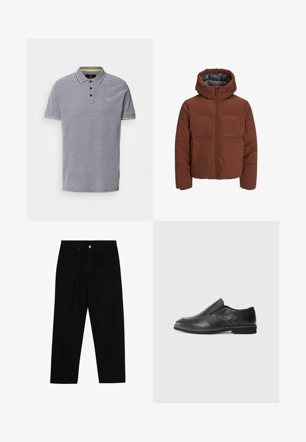 Ruskea puff jacket hupulla, jossa on vetoketjulukko edessä, tikattu muotoilu ja sileä sisävuori. Korostettu hienovaraisella brändäyksellä.; Harmaa polo-paita, jossa on teksturoitu kangas, kolmen napin lista ja kontrastiväriset keltaiset yksityiskohdat kauluksessa ja sivusaumassa.; Mustat farkut suoraan lahkeella, viisi taskua ja etunappikiinnitys. Sileä rakenne, jossa on vain vähäisiä ompelualueita.; Musta nahkainen liukujalkine, jossa on sileä pinta, ommeltuja yksityiskohtia, pyöristetty kärki ja matala kumipohja. Pohjassa on minimaalinen pito.